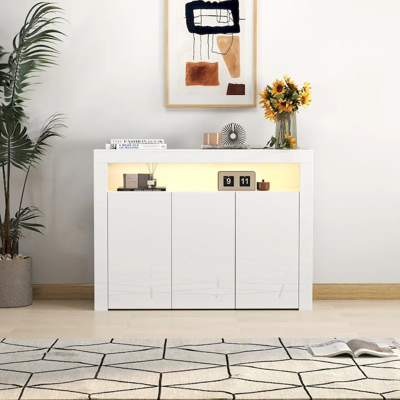 Buffet 3 portes blanc avec lumières LED, pour 1 à 2 personnes
