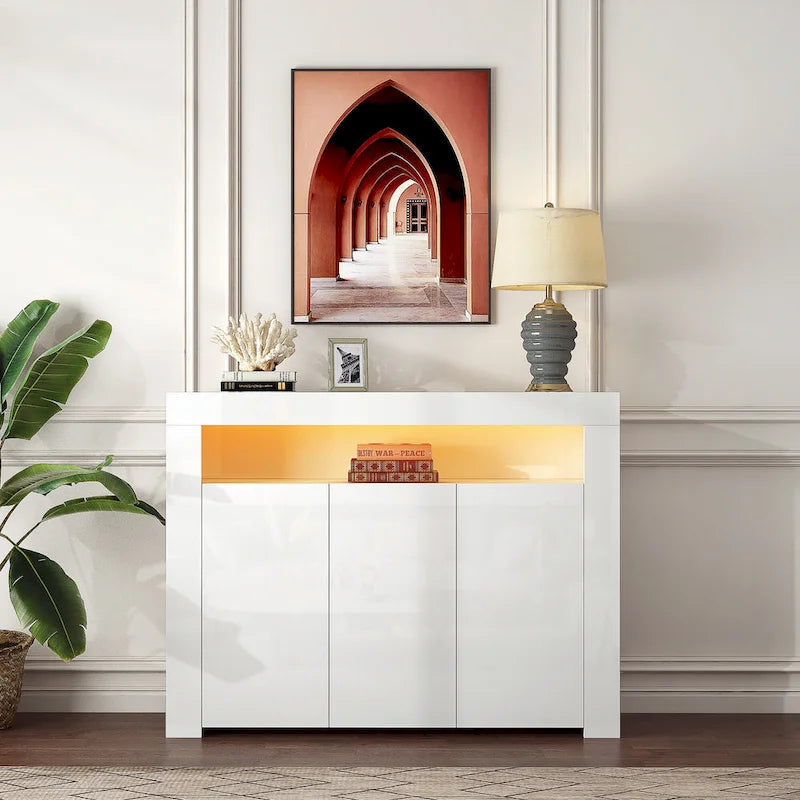 Buffet 3 portes blanc avec lumières LED, pour 1 à 2 personnes