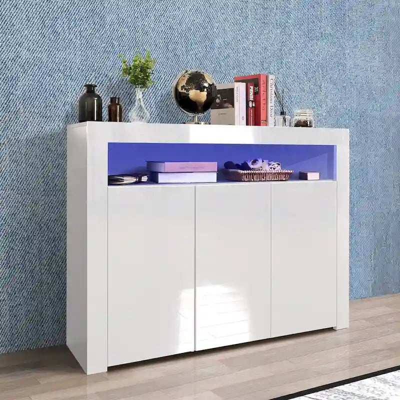 Buffet 3 portes blanc avec lumières LED, pour 1 à 2 personnes