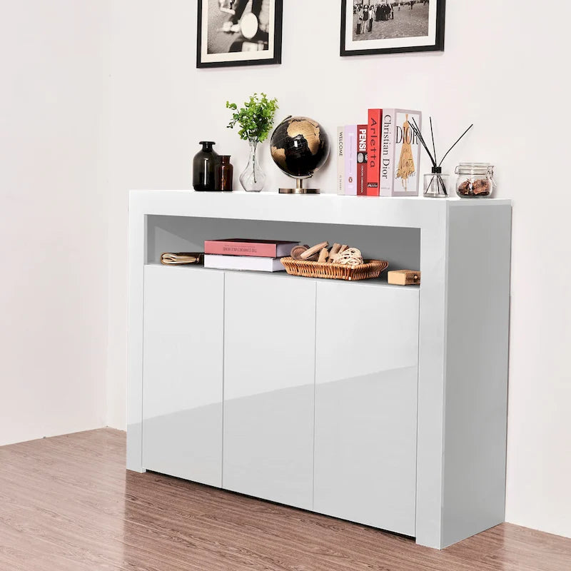 Buffet 3 portes blanc avec lumières LED, pour 1 à 2 personnes