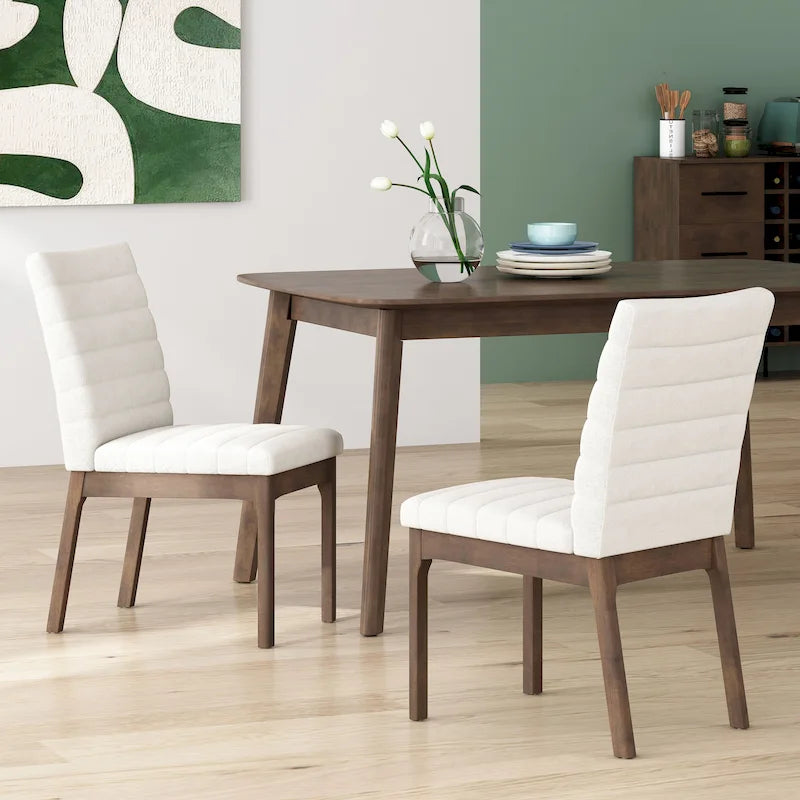 Chaises de salle à manger Mid-Century avec coutures horizontales, lot de 2 – Beige clair / Marron cognac / Gris foncé, structure en noyer, tissu et similicuir