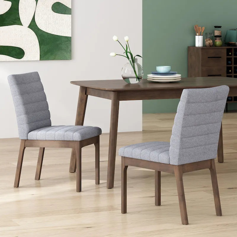 Chaises de salle à manger Mid-Century avec coutures horizontales, lot de 2 – Beige clair / Marron cognac / Gris foncé, structure en noyer, tissu et similicuir