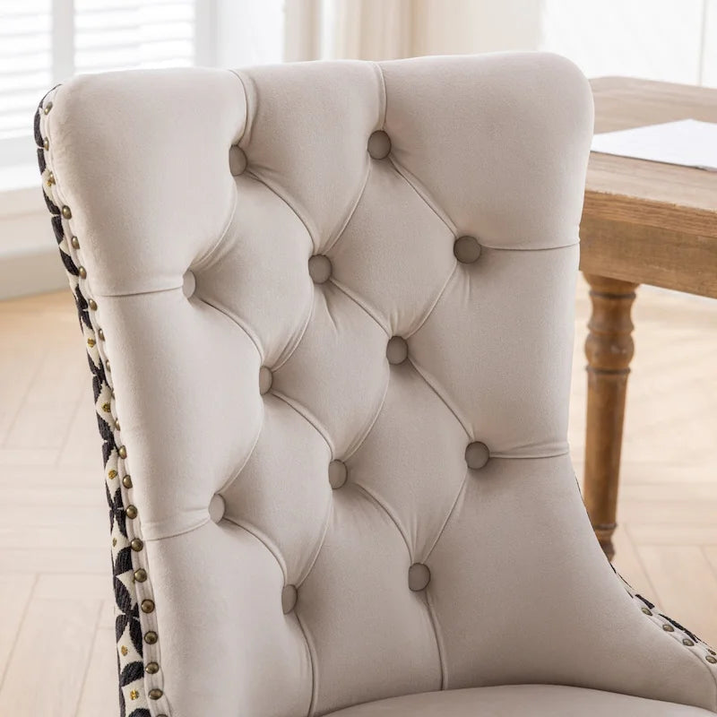 Chaise de salle à manger en velours noir / beige, style Mid-Century, lot de 2