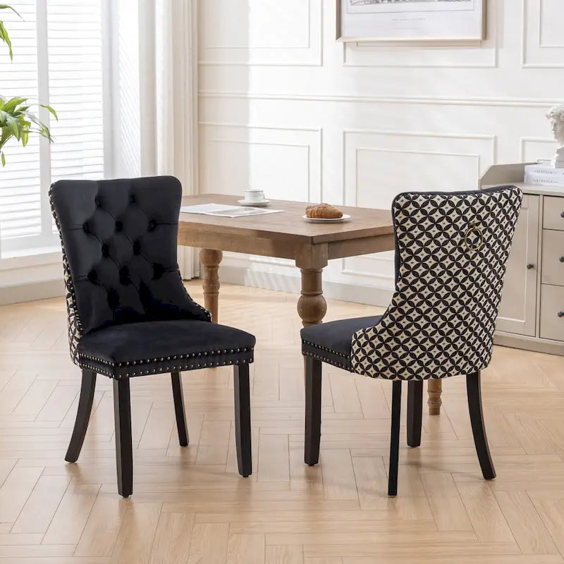 Chaise de salle à manger en velours noir / beige, style Mid-Century, lot de 2