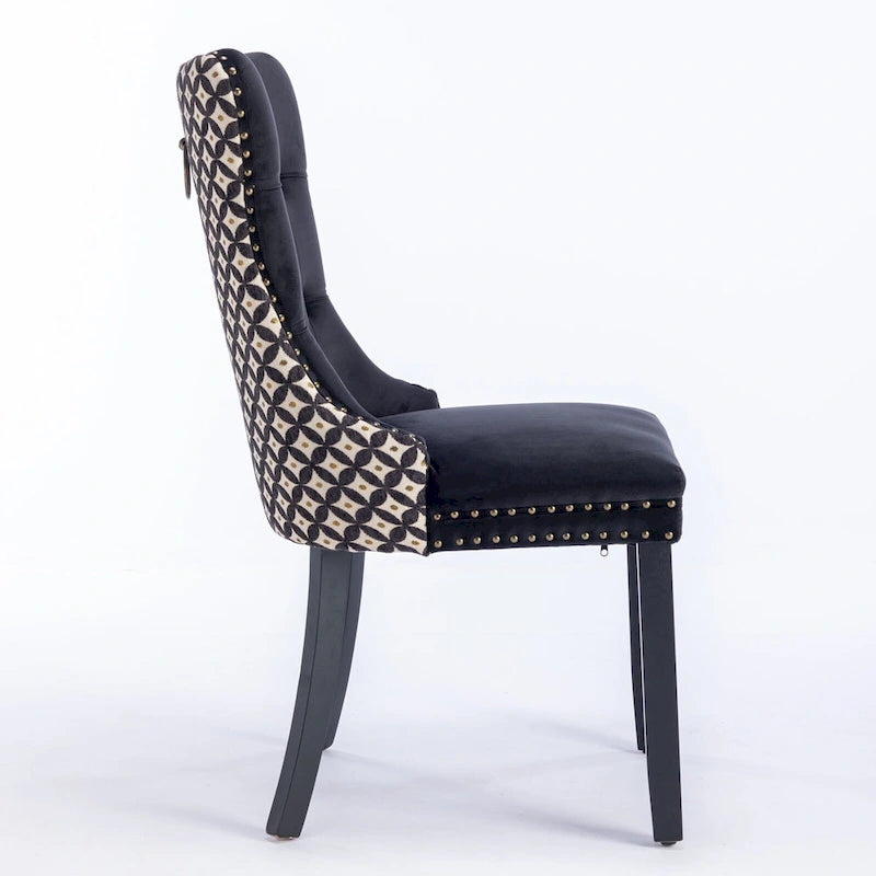 Chaise de salle à manger en velours noir / beige, style Mid-Century, lot de 2