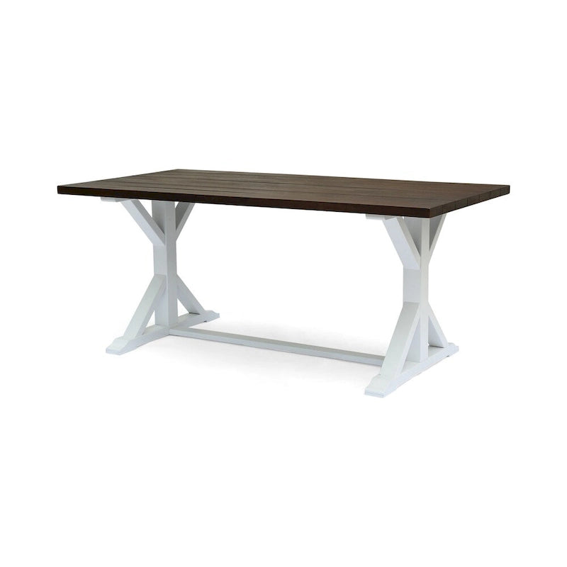 Table à manger tréteaux de ferme marron foncé et blanc, 6 places, bois d'acacia