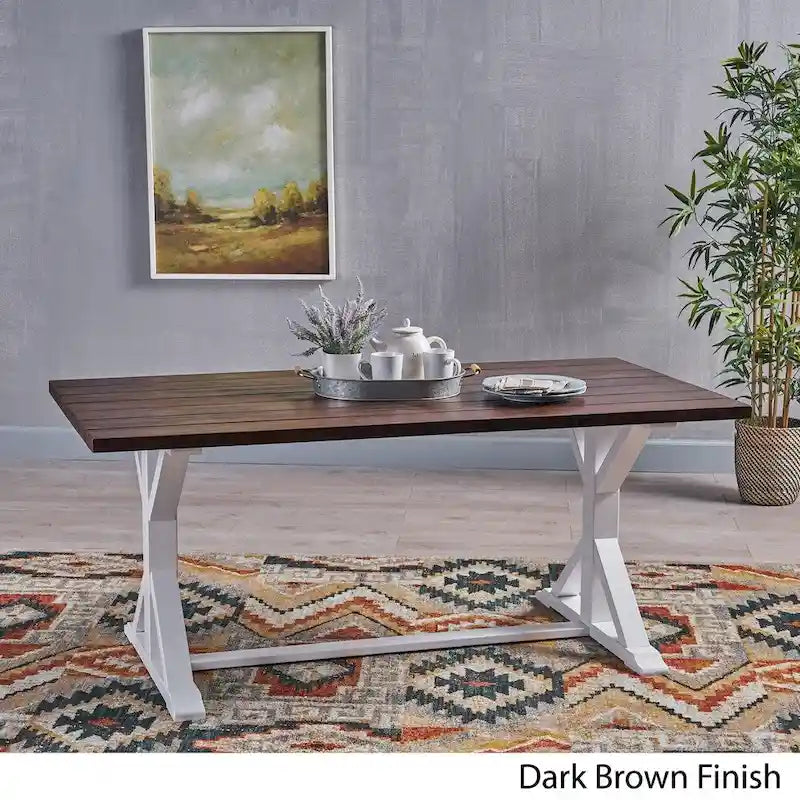 Table à manger tréteaux de ferme marron foncé et blanc, 6 places, bois d'acacia