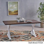 Table à manger tréteaux de ferme marron foncé et blanc, 6 places, bois d'acacia