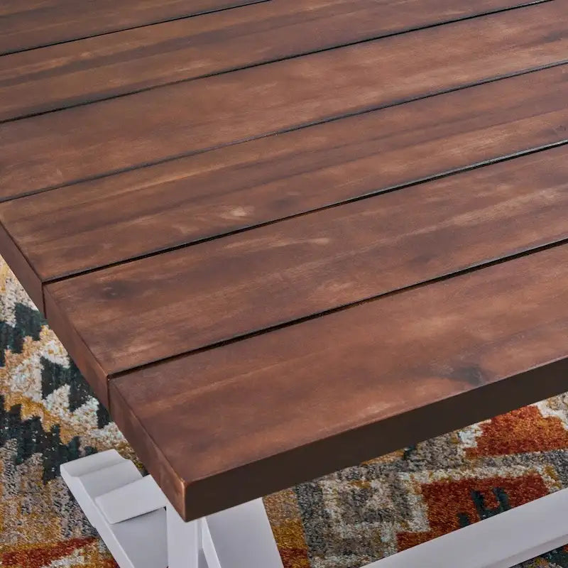 Table à manger tréteaux de ferme marron foncé et blanc, 6 places, bois d'acacia