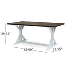 Table à manger tréteaux de ferme marron foncé et blanc, 6 places, bois d'acacia