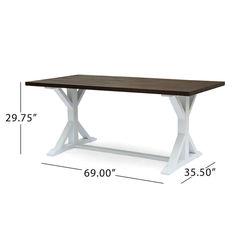 Table à manger tréteaux de ferme marron foncé et blanc, 6 places, bois d'acacia