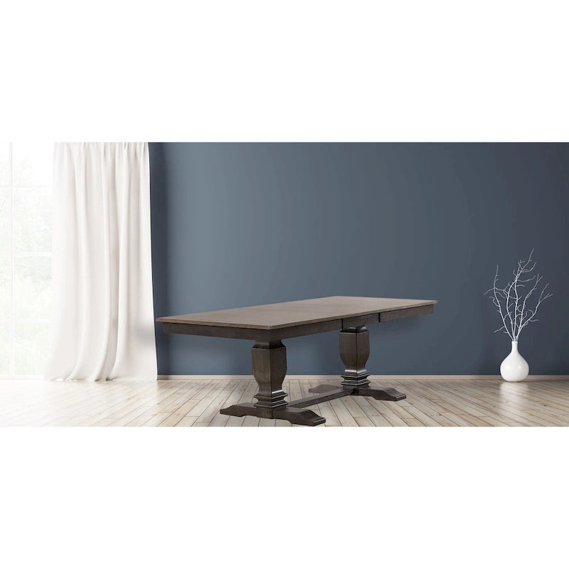 Table à manger en bois massif gris antique, double piédestal de style transitoire, 6 à 8 places