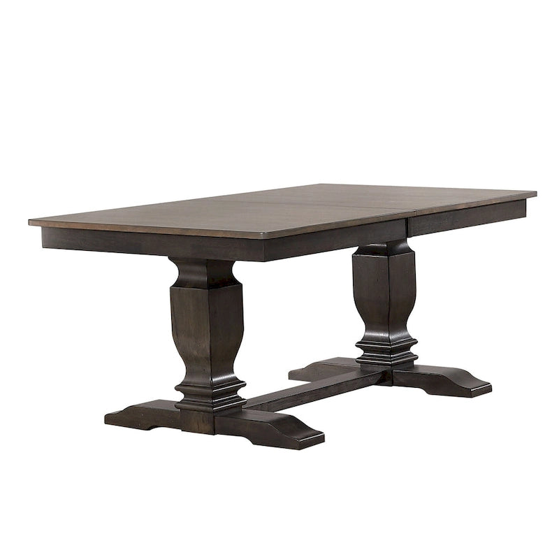 Table à manger en bois massif gris antique, double piédestal de style transitoire, 6 à 8 places