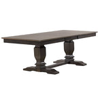 Table à manger en bois massif gris antique, double piédestal de style transitoire, 6 à 8 places