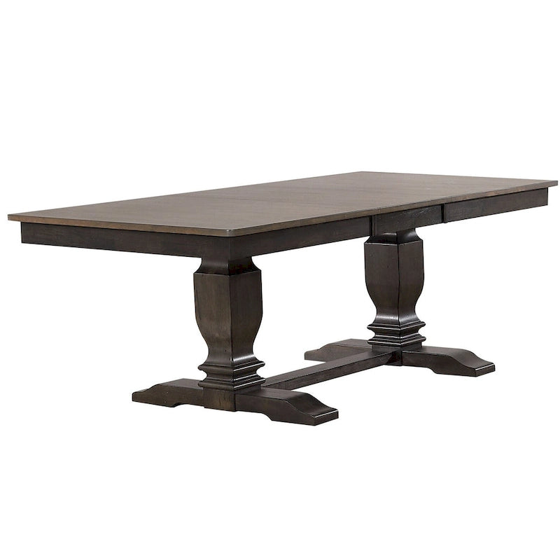 Table à manger en bois massif gris antique, double piédestal de style transitoire, 6 à 8 places