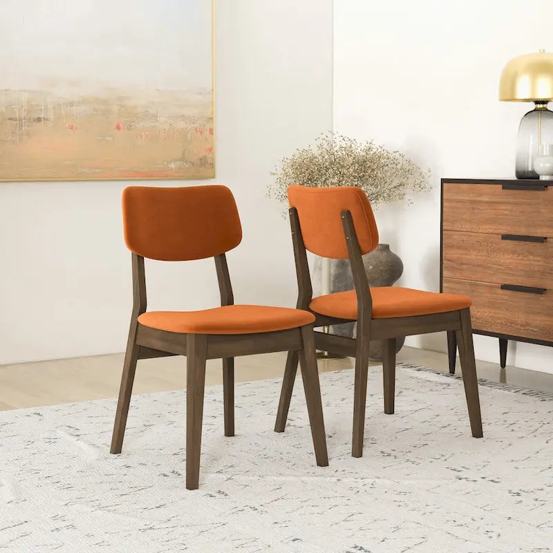 Chaise de salle à manger en velours de style Mid-Century, lot de 2 – Orange brûlé / Jaune foncé / Bleu