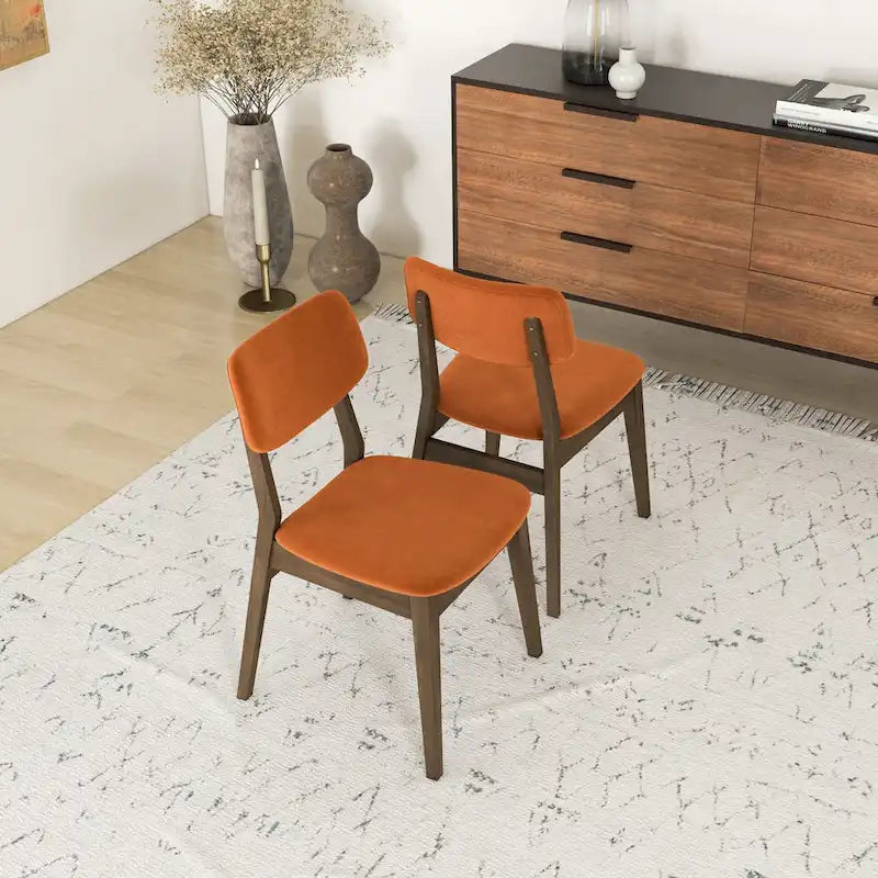 Chaise de salle à manger en velours de style Mid-Century, lot de 2 – Orange brûlé / Jaune foncé / Bleu