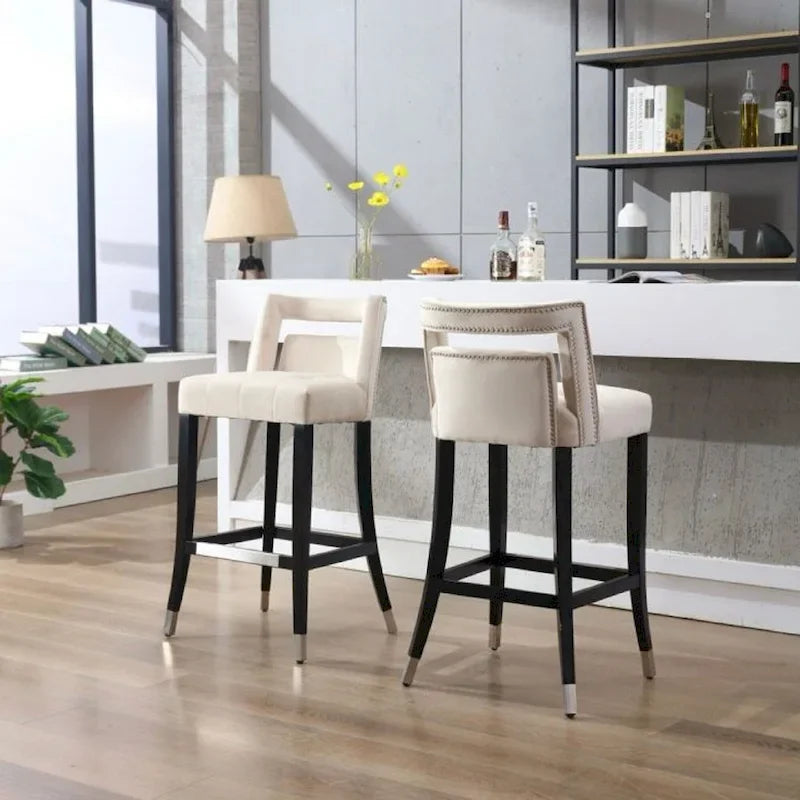 Tabouret de bar en velours clouté crème / gris / bleu marine – Siège unique, tissu et pieds en bouleau