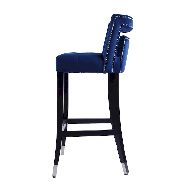 Tabouret de bar en velours clouté crème / gris / bleu marine – Siège unique, tissu et pieds en bouleau