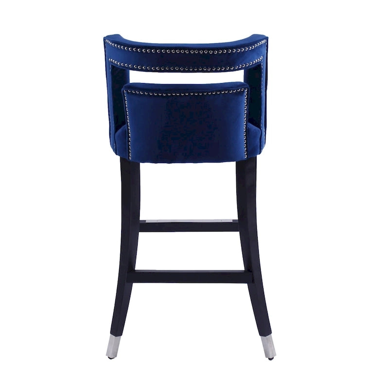 Tabouret de bar en velours clouté crème / gris / bleu marine – Siège unique, tissu et pieds en bouleau