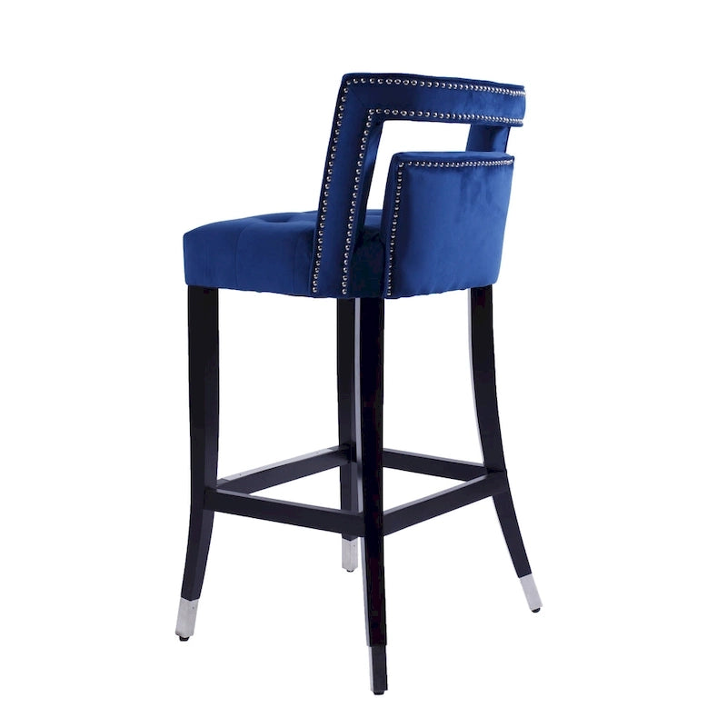 Tabouret de bar en velours clouté crème / gris / bleu marine – Siège unique, tissu et pieds en bouleau