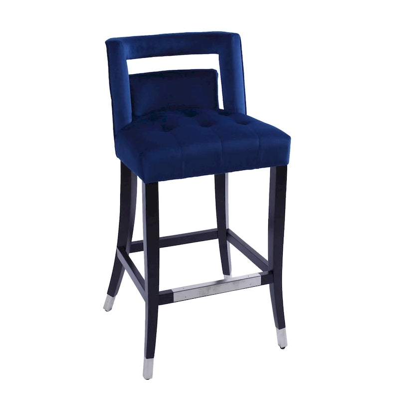 Tabouret de bar en velours clouté crème / gris / bleu marine – Siège unique, tissu et pieds en bouleau