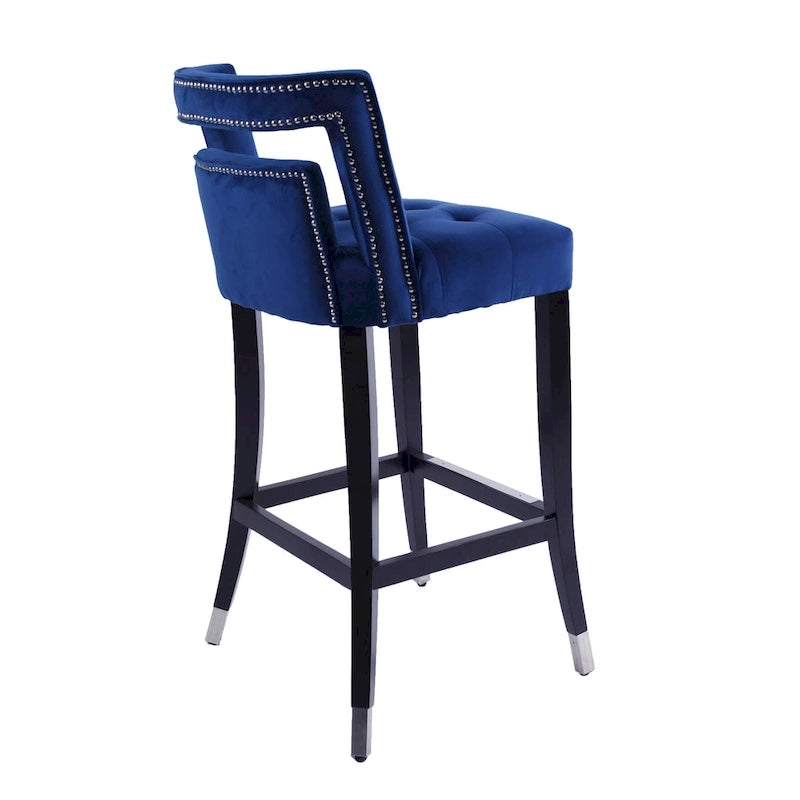 Tabouret de bar en velours clouté crème / gris / bleu marine – Siège unique, tissu et pieds en bouleau