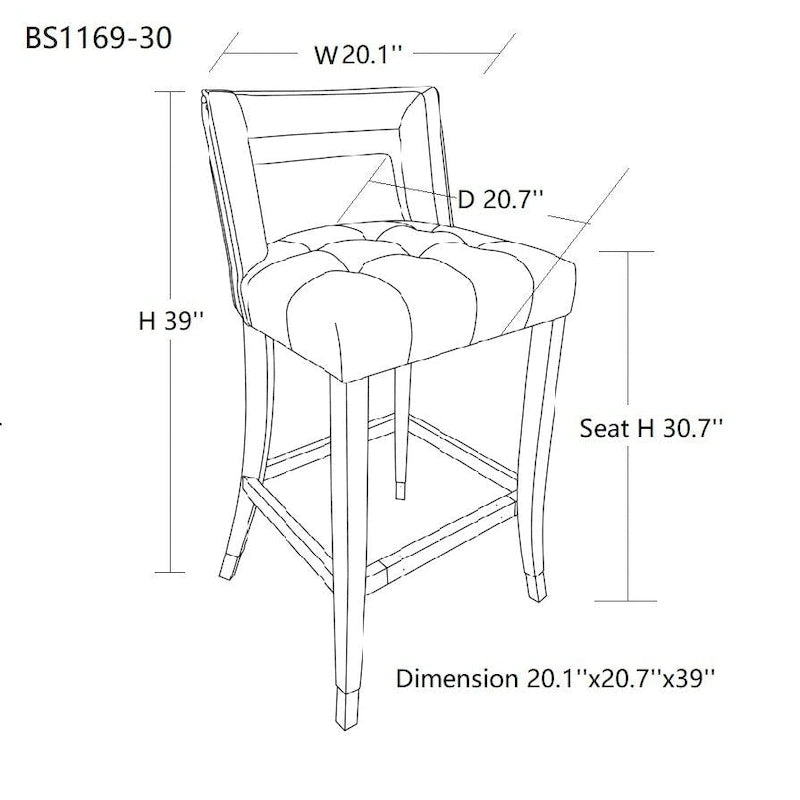 Tabouret de bar en velours clouté crème / gris / bleu marine – Siège unique, tissu et pieds en bouleau