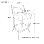 Tabouret de bar en velours clouté crème / gris / bleu marine – Siège unique, tissu et pieds en bouleau