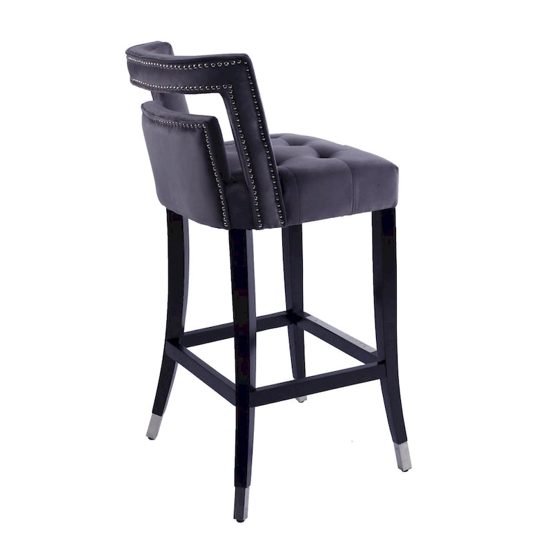 Tabouret de bar en velours clouté crème / gris / bleu marine – Siège unique, tissu et pieds en bouleau
