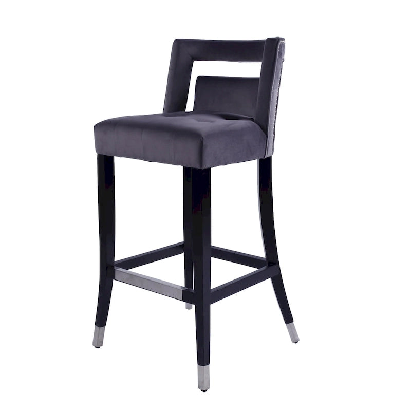 Tabouret de bar en velours clouté crème / gris / bleu marine – Siège unique, tissu et pieds en bouleau