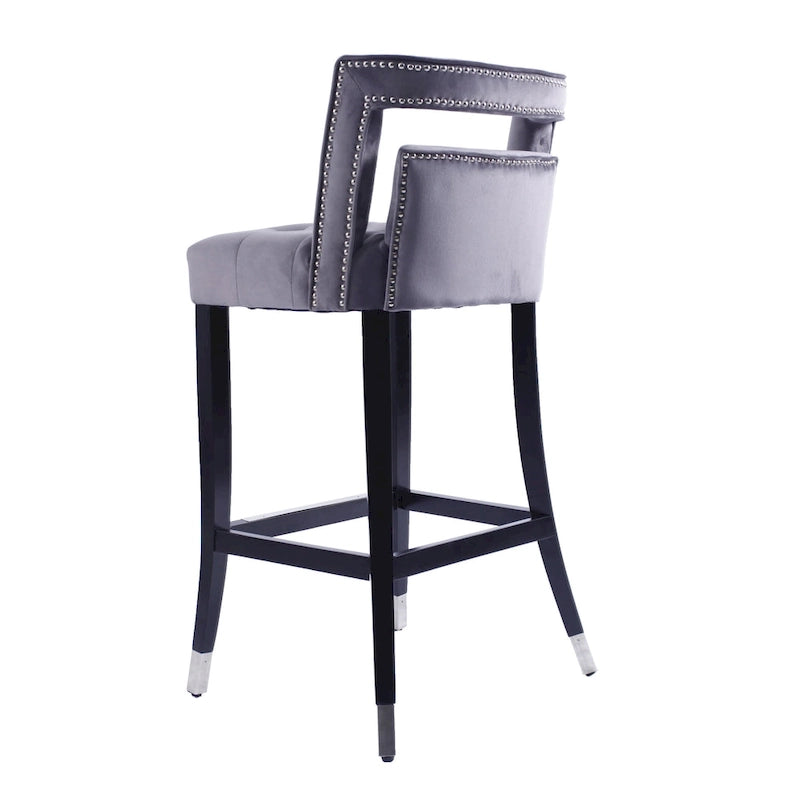 Tabouret de bar en velours clouté crème / gris / bleu marine – Siège unique, tissu et pieds en bouleau