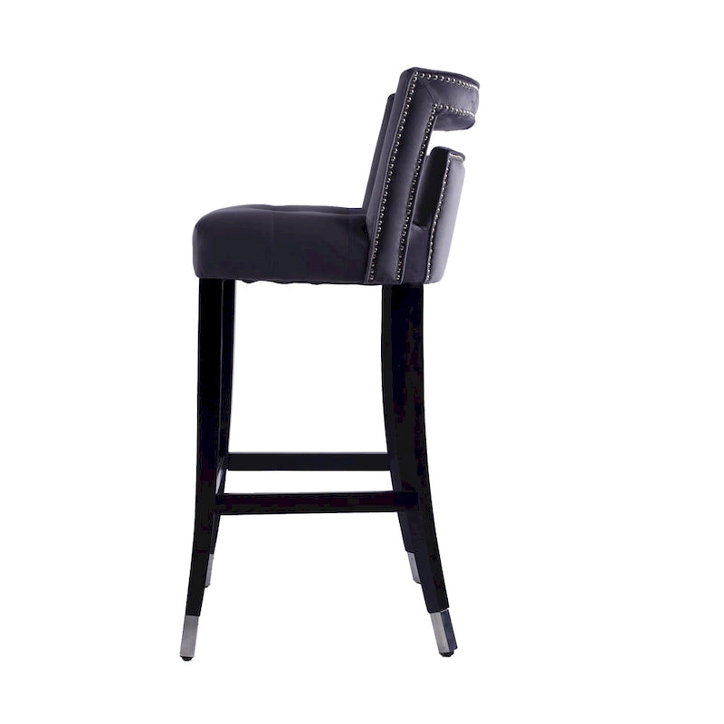 Tabouret de bar en velours clouté crème / gris / bleu marine – Siège unique, tissu et pieds en bouleau