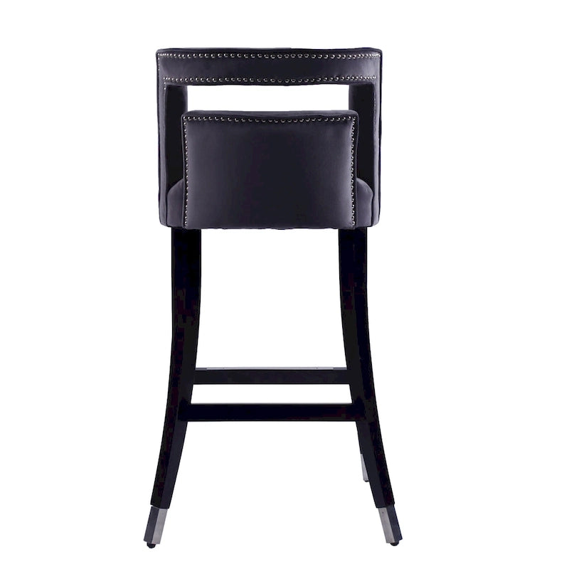Tabouret de bar en velours clouté crème / gris / bleu marine – Siège unique, tissu et pieds en bouleau