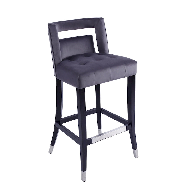 Tabouret de bar en velours clouté crème / gris / bleu marine – Siège unique, tissu et pieds en bouleau