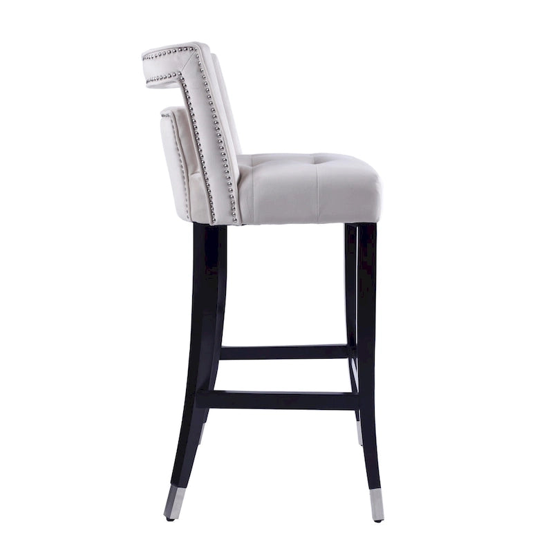 Tabouret de bar en velours clouté crème / gris / bleu marine – Siège unique, tissu et pieds en bouleau