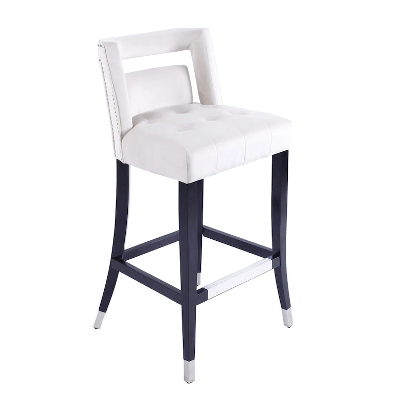 Tabouret de bar en velours clouté crème / gris / bleu marine – Siège unique, tissu et pieds en bouleau