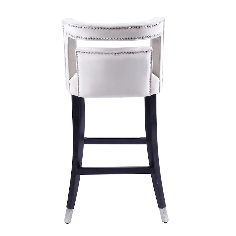 Tabouret de bar en velours clouté crème / gris / bleu marine – Siège unique, tissu et pieds en bouleau
