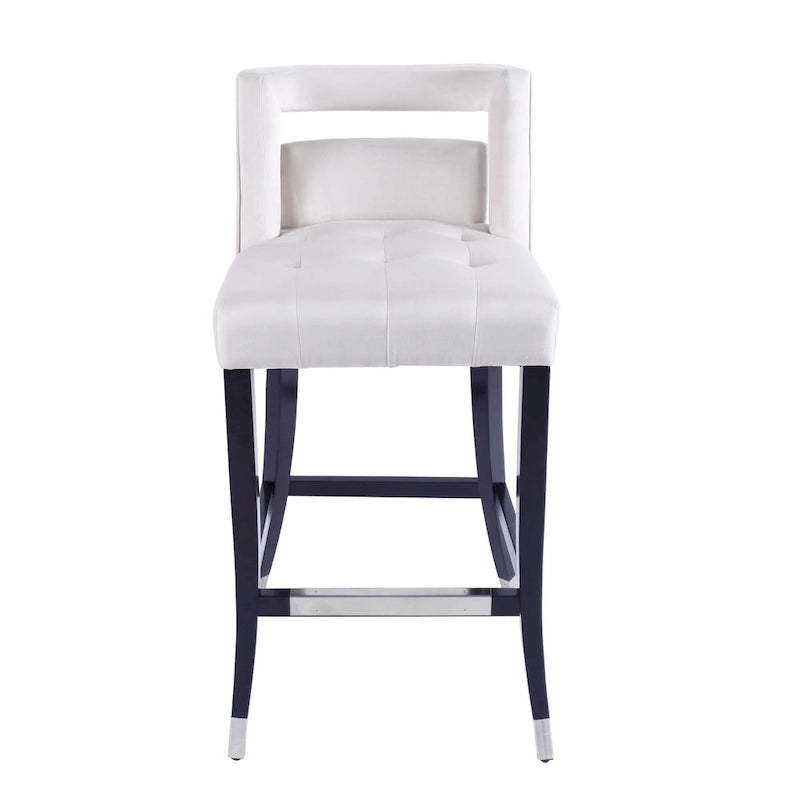 Tabouret de bar en velours clouté crème / gris / bleu marine – Siège unique, tissu et pieds en bouleau