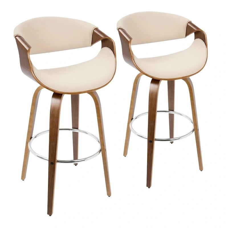Tabouret de bar pivotant 76 cm avec pieds en bois courbé, crème/gris/anthracite/bleu, lot de 2