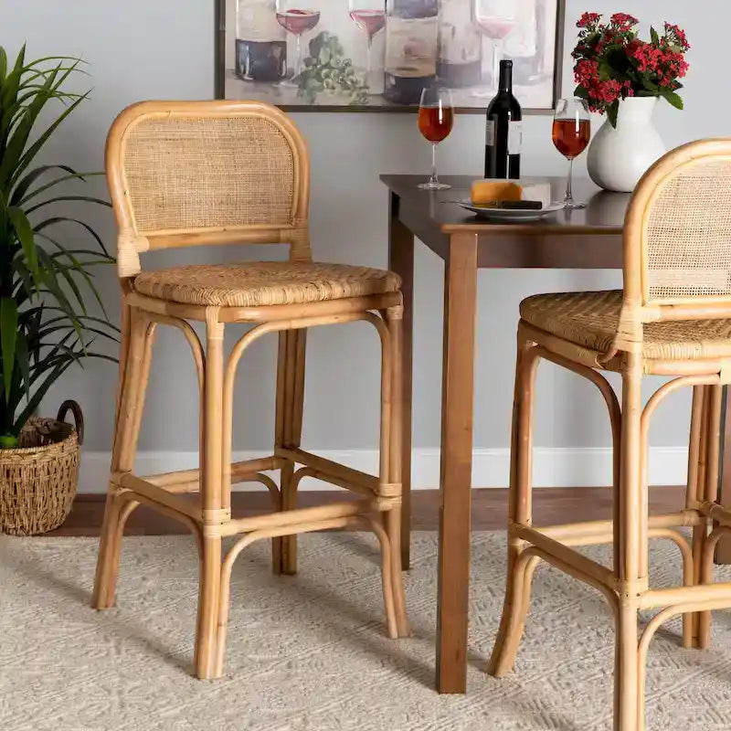 Tabouret de bar/comptoir en rotin marron naturel – Style bohème, 1 place