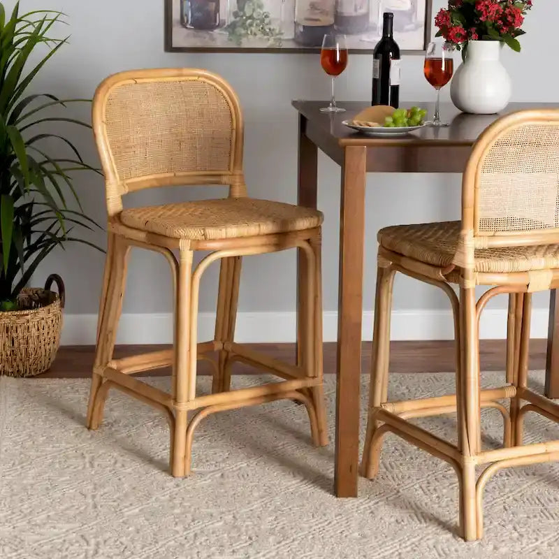 Tabouret de bar/comptoir en rotin marron naturel – Style bohème, 1 place