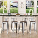 Tabourets de bar en métal argenté avec assise en bois, lot de 4 – Hauteur comptoir (58,4-71,1 cm)
