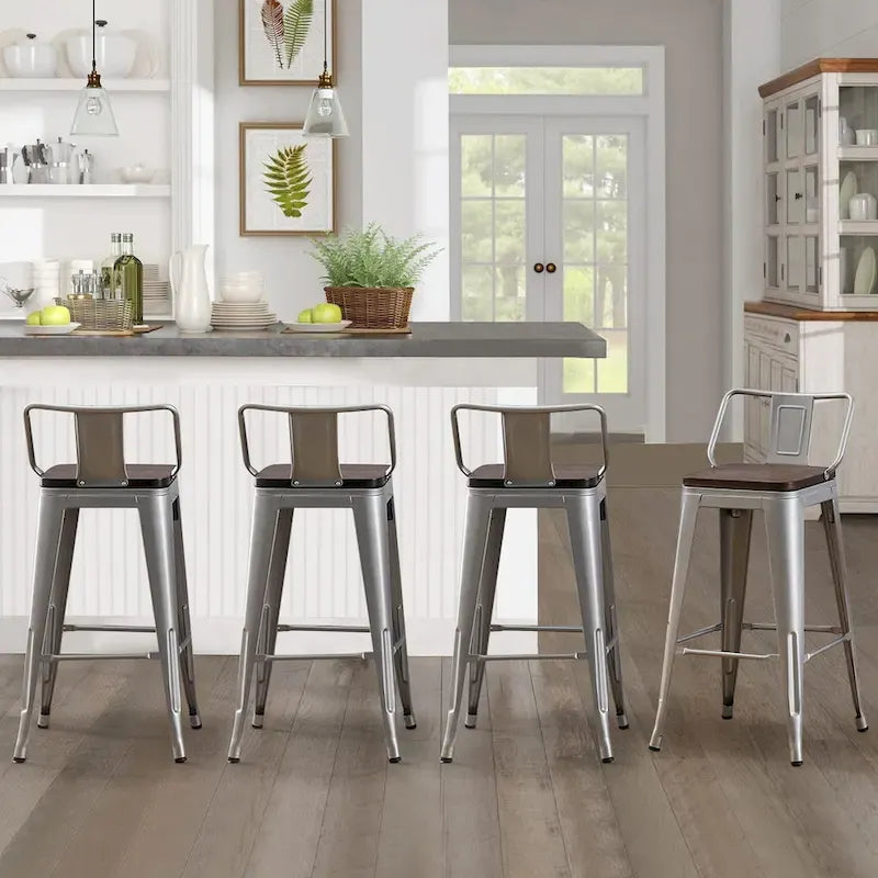 Tabourets de bar en métal argenté avec assise en bois, lot de 4 – Hauteur comptoir (58,4-71,1 cm)
