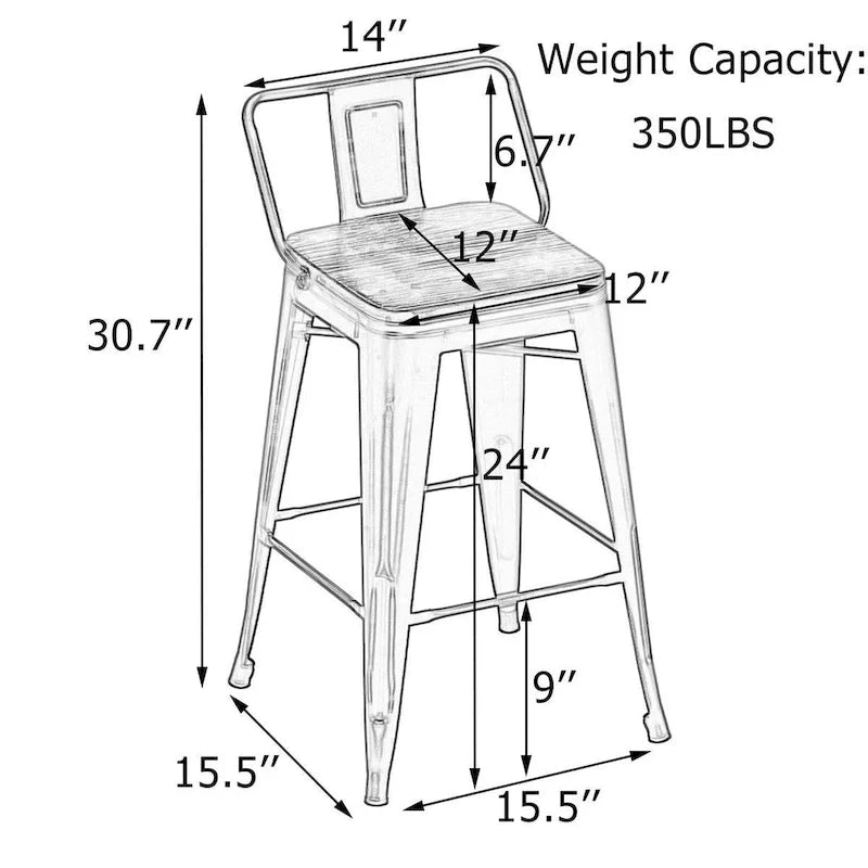 Tabourets de bar en métal argenté avec assise en bois, lot de 4 – Hauteur comptoir (58,4-71,1 cm)