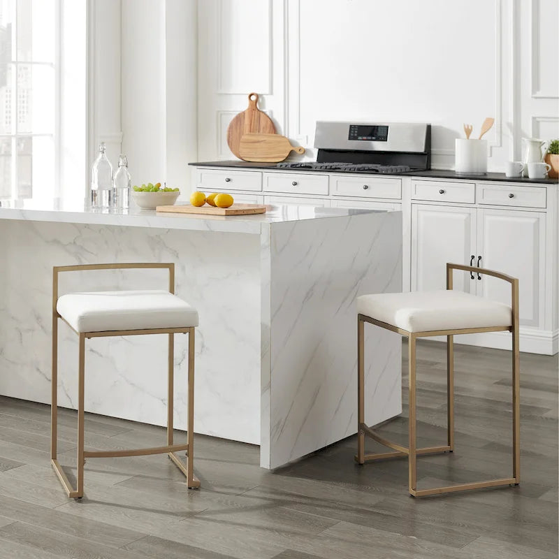 Tabouret de comptoir en velours crème et gris, lot de 2 — Piètement luge moderne, 2 places