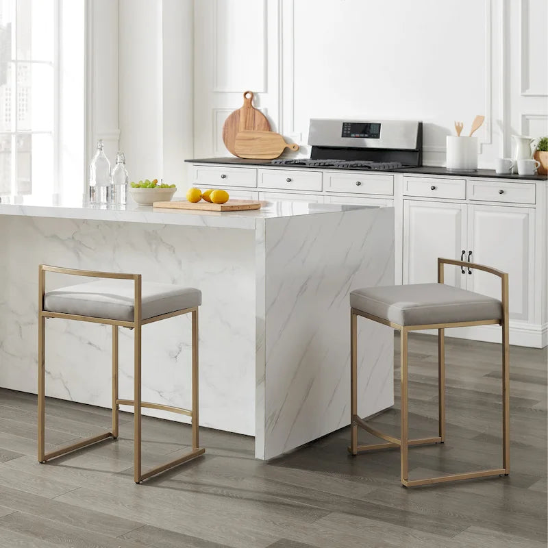 Tabouret de comptoir en velours crème et gris, lot de 2 — Piètement luge moderne, 2 places