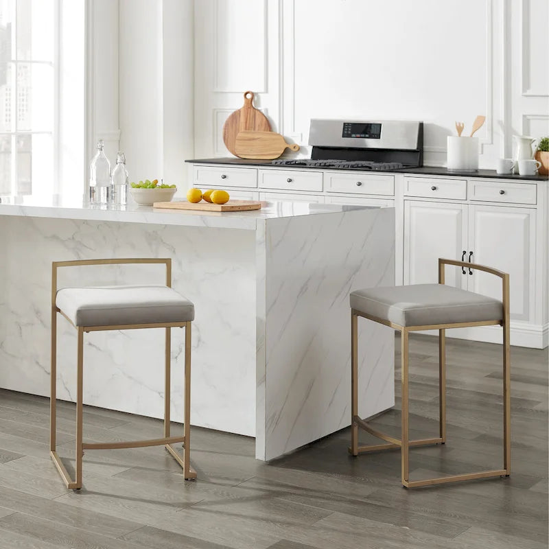Tabouret de comptoir en velours crème et gris, lot de 2 — Piètement luge moderne, 2 places