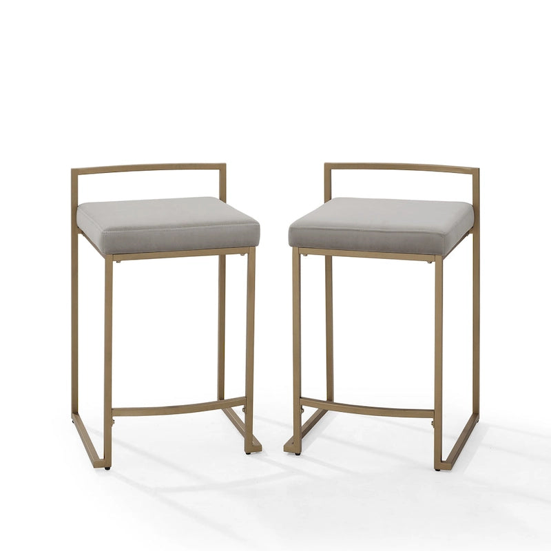 Tabouret de comptoir en velours crème et gris, lot de 2 — Piètement luge moderne, 2 places