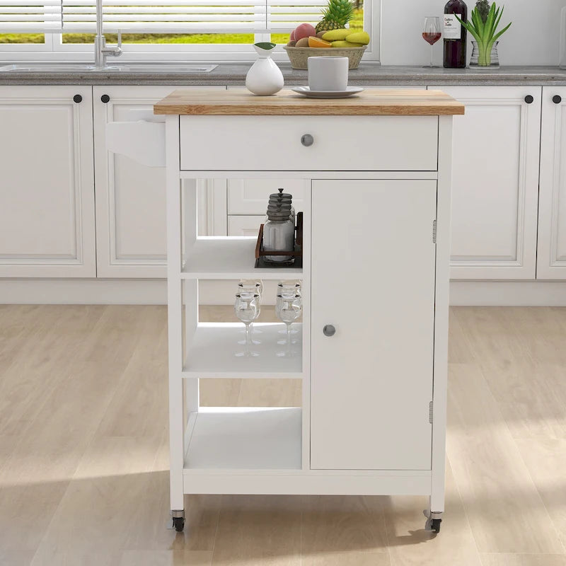 Desserte de cuisine blanche à roulettes avec tiroir et porte – 1 personne